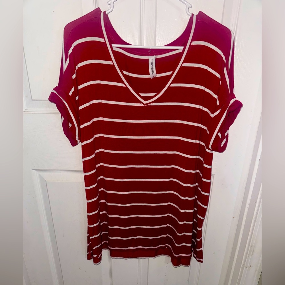 Zenana Outfitters Red and White Striped V-Neck Tee